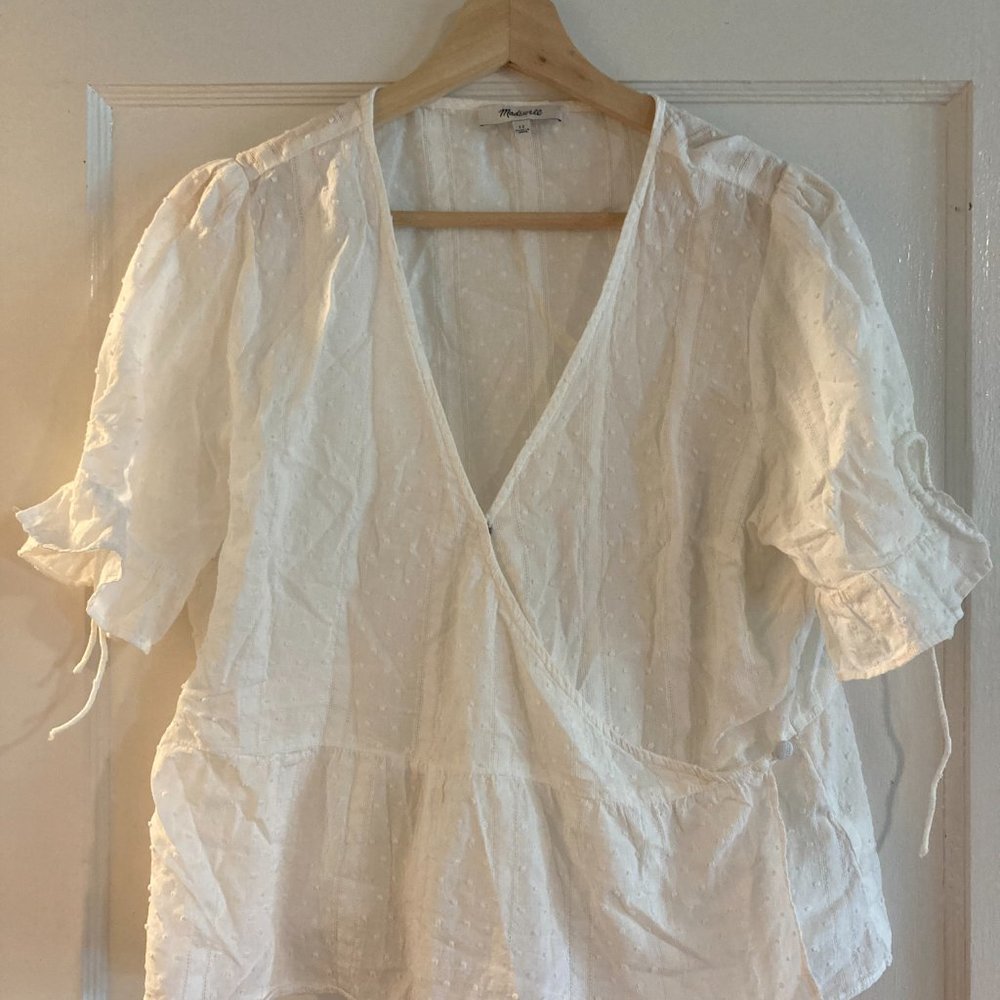 Madewell white cross-over blouse w/ woven dot details